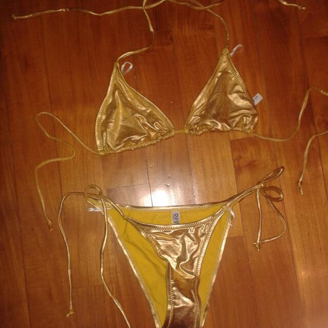 Gold String Bikini Women S Fashion Swimwear Bikinis Swimsuits On Carousell