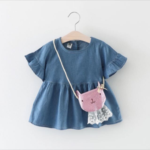 bnib baby girl blue dress with cute kitty purse