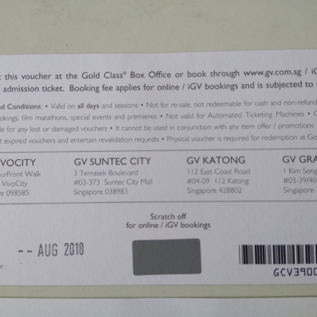 (ns14) 面交 新品 2 gv gold class tickets with a $20 f&b voucher