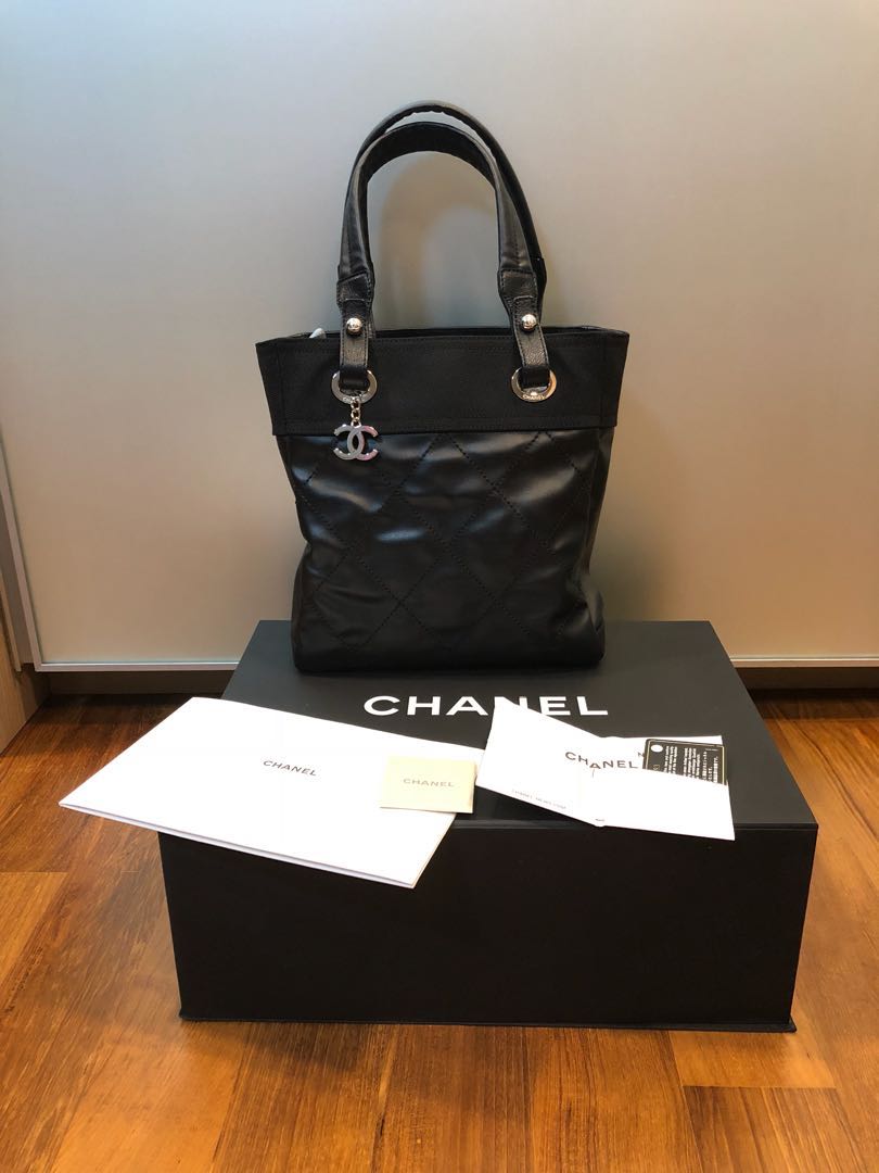 authentic chanel paris biarritz small tote in black