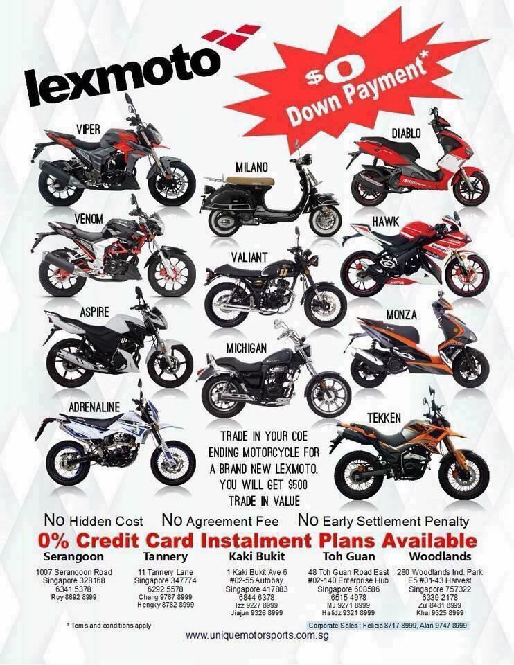 $0 downpayment for a brand new lexmoto motorcycle