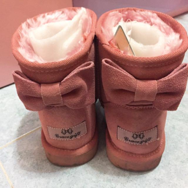 台湾gracegift 粉红蝴蝶结短雪靴