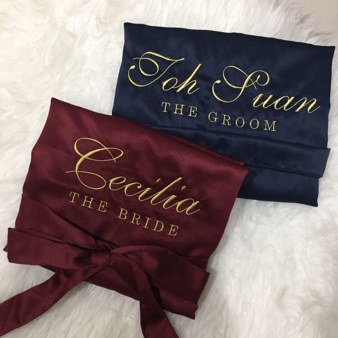 bride and groom satin robe with embroidery
