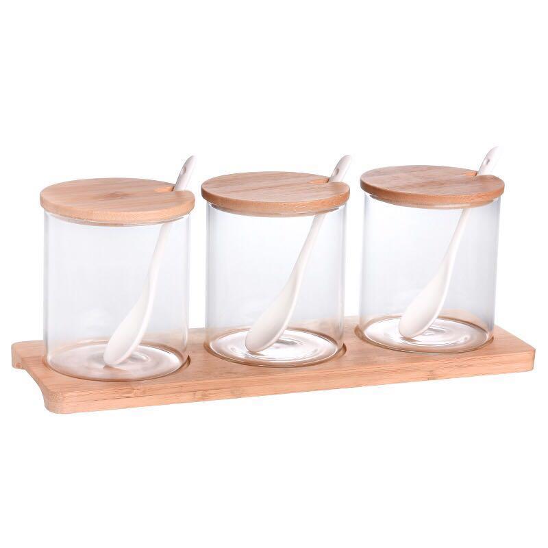 glass seasoning jars with bamboo tray