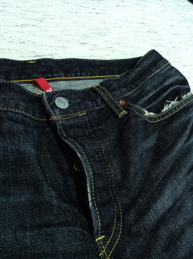 32腰 uniqlo uj 排扣 刷破造型 赤耳 slim fit 牛仔裤