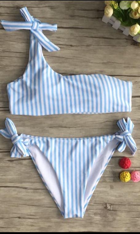 Pastel Blue Stripe Bikini Set Women S Fashion Swimwear Bikinis