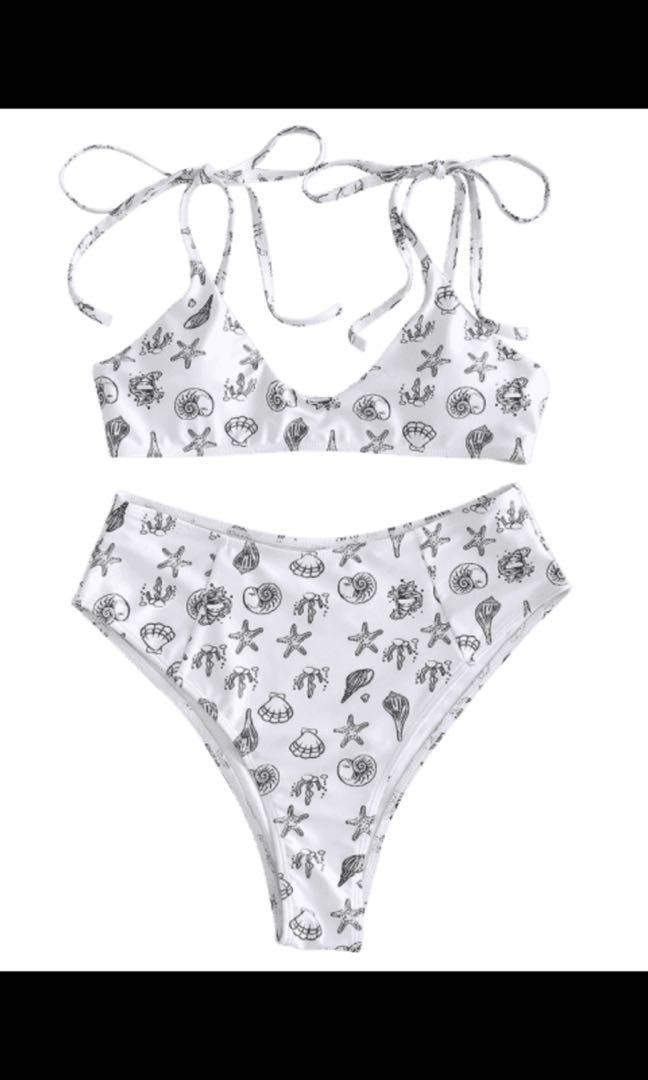 Starfish Tie Shoulder High Cut Bikini Black White Women S Fashion