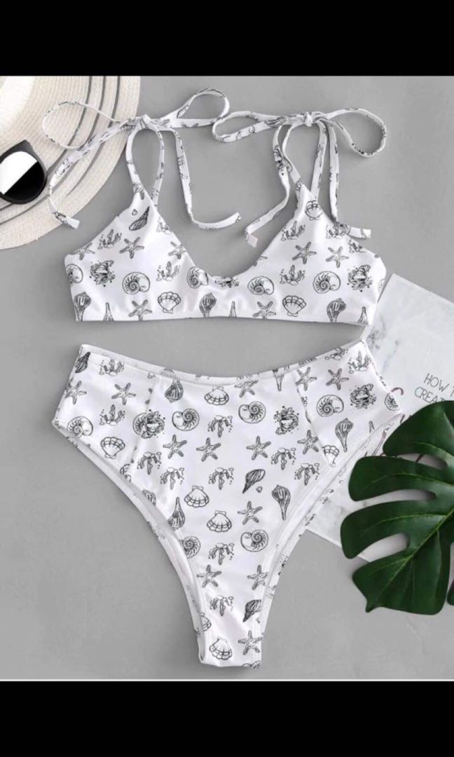 Starfish Tie Shoulder High Cut Bikini Black White Women S Fashion