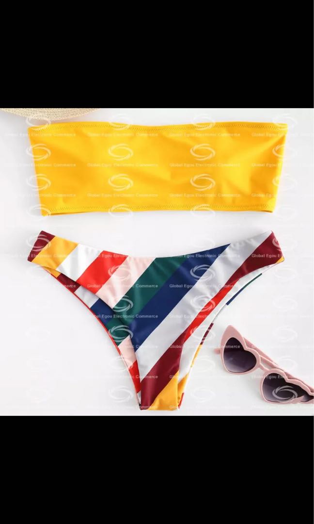 Instock Zaful Bandeau Rainbow Bikini Set Women S Fashion Swimwear