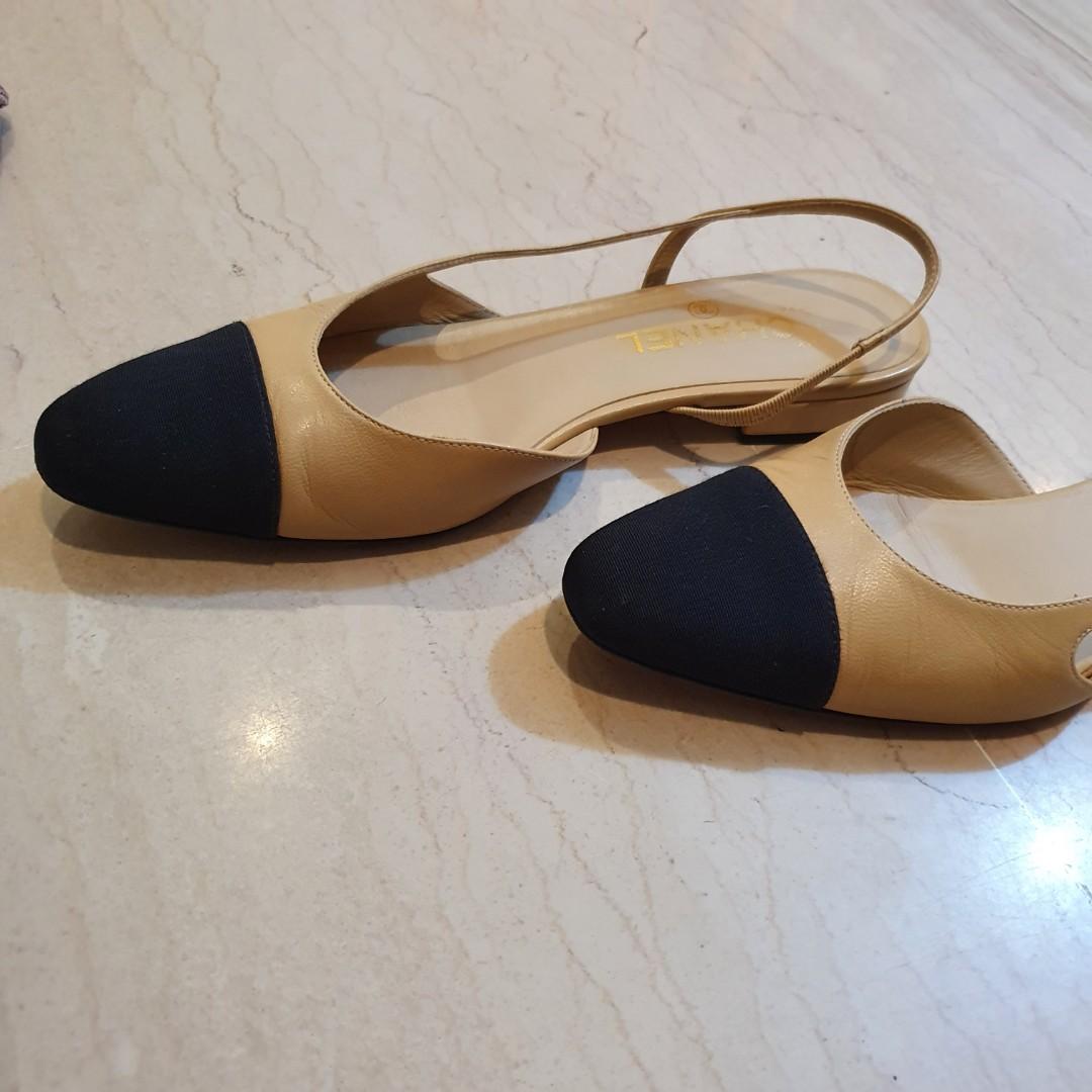 Chanel Two Tone Classic Nude Black Slingback Flats Luxury Sneakers