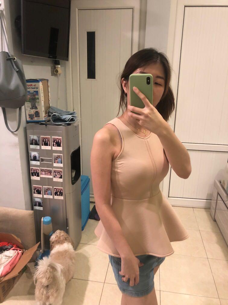Label Eight Peplum Top Nude Scuba Tebal Krem Coklat Fesyen Wanita