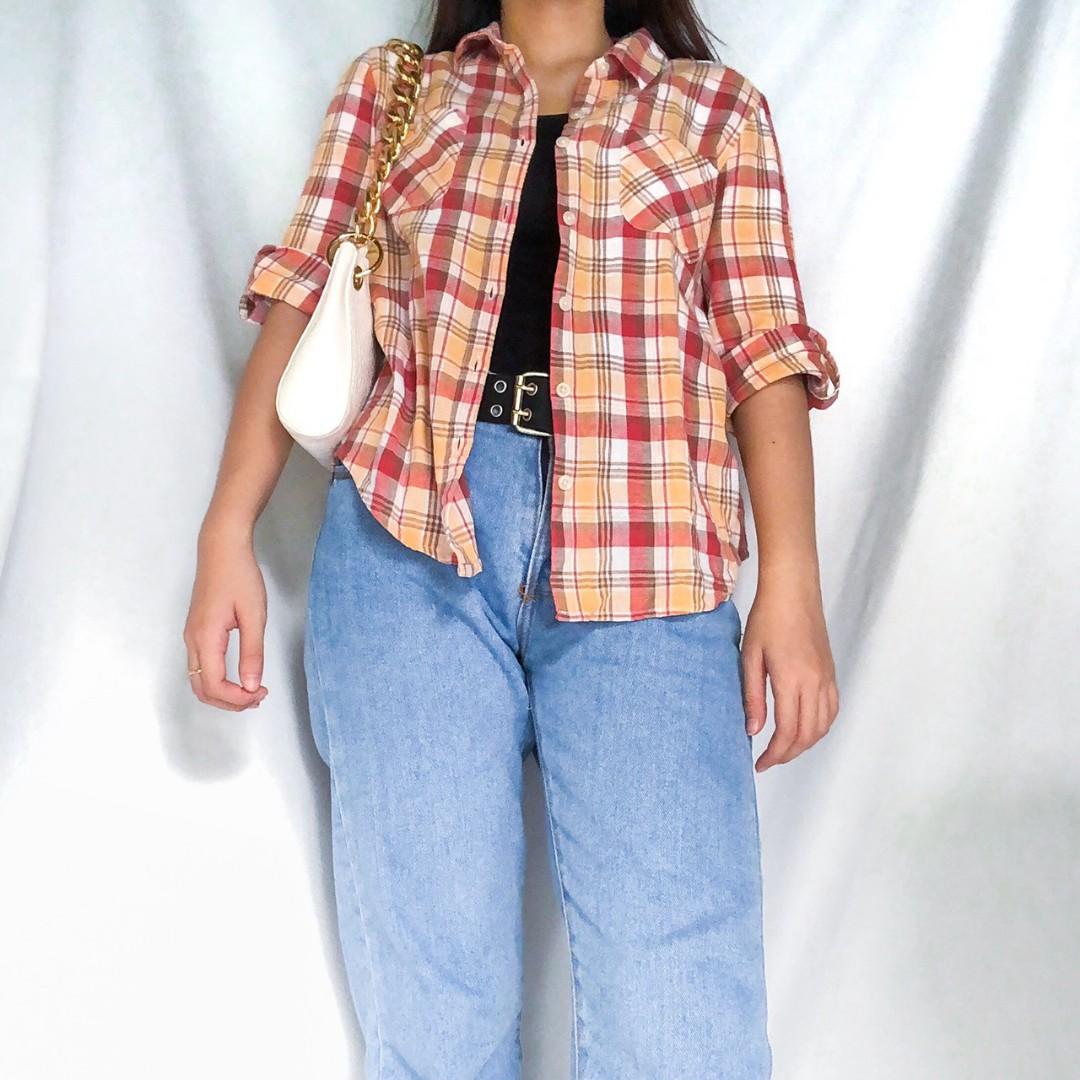 Orange Nude Flannel Fesyen Wanita Pakaian Wanita Atasan Di Carousell