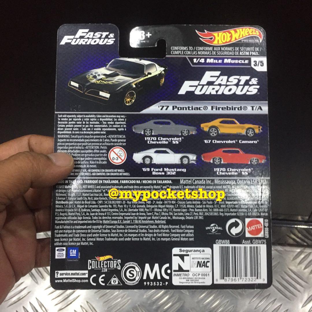 Hot Wheels PONTIAC FIREBIRD T A Black Hotwheels Premium Fast Furious Mile