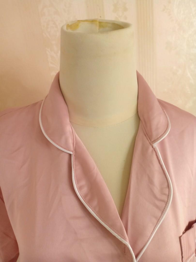 Baju Tidur Satin Lingerie Silky Licin Full Kancing Baby Pink Dress Daster Panjang Fesyen Wanita
