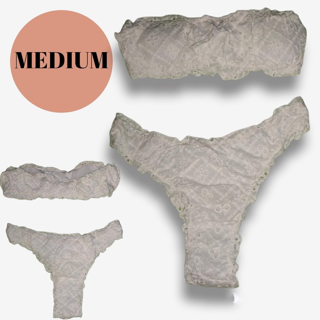 Shein White Schiffy Lettuce Trim Bandeau Bikini Women S Fashion