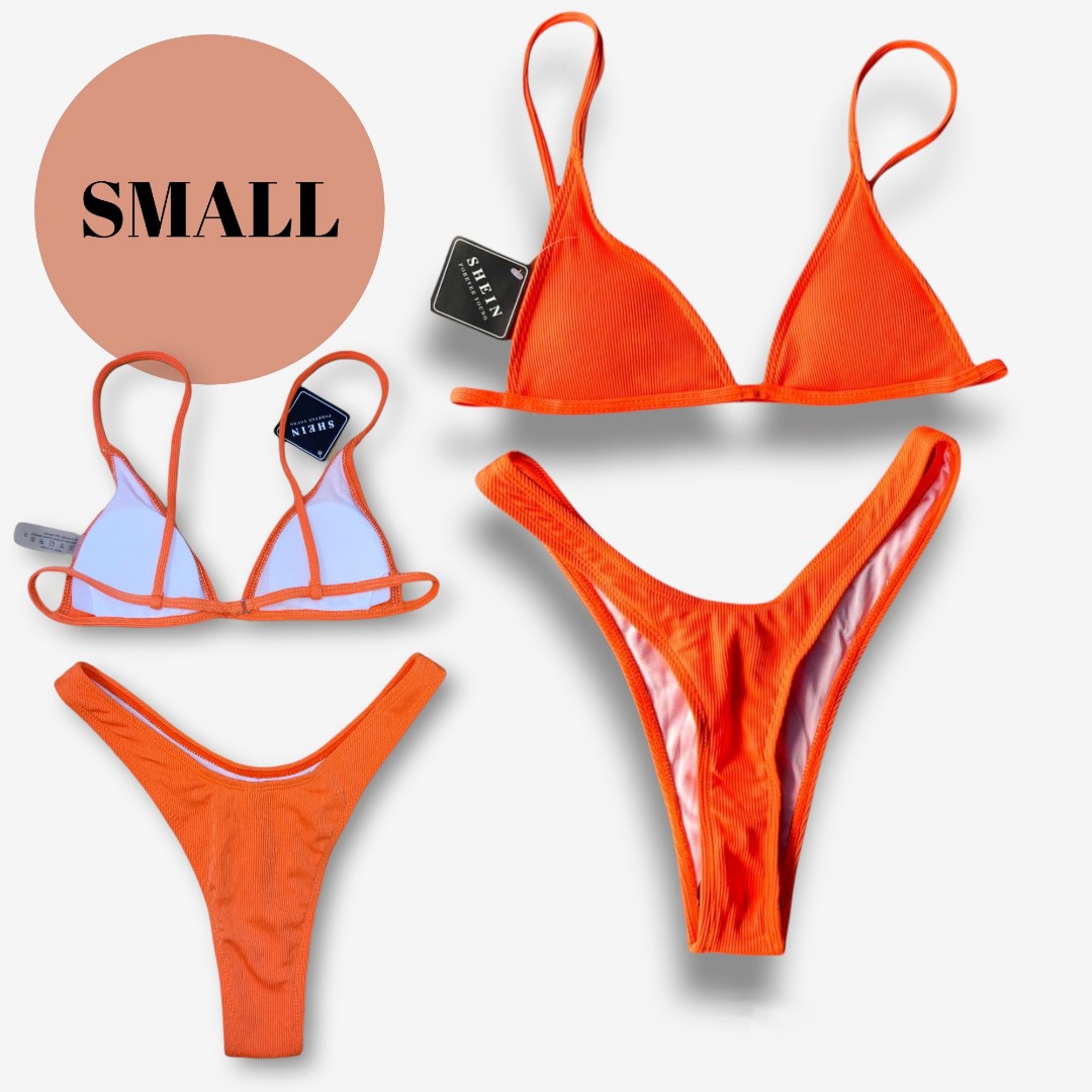Shein Neon Orange Ribbed Triangle Cut Bikini Women S Fashion