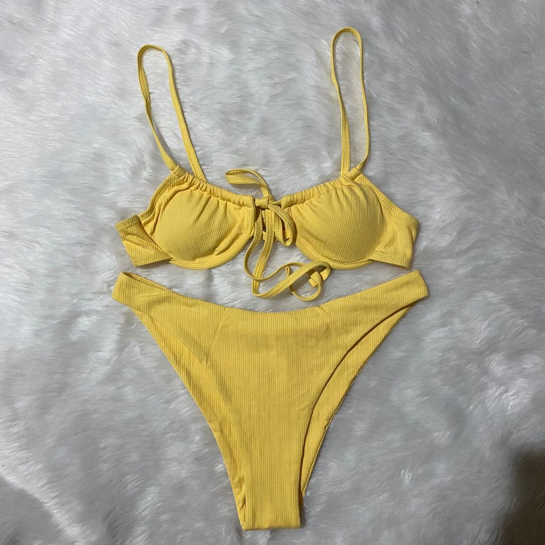 Shein Ribbed Knit Yellow Underwire Bikini Swimsuit Set Highcut Women