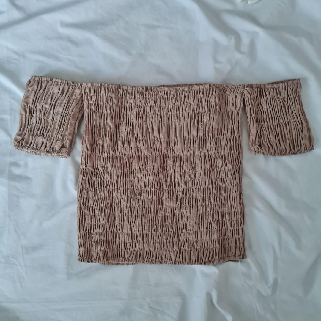 Smocked Off Shoulder Crop Top Nude Summer Beach Swim Women S Fashion Tops Others Tops On