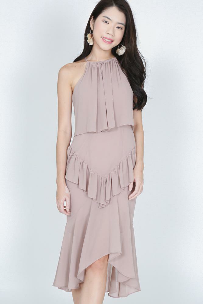 Mds Nude Halter Neck Midi Dress Fesyen Wanita Pakaian Wanita Gaun