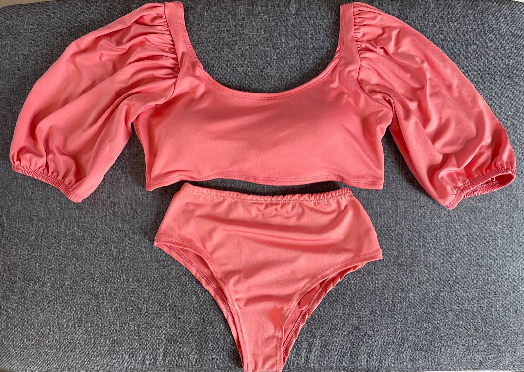 SEXY CONSERVATIVE PUFF SLEEVE PINK BIKINI SET Women S Fashion Swimwear Bikinis Swimsuits On