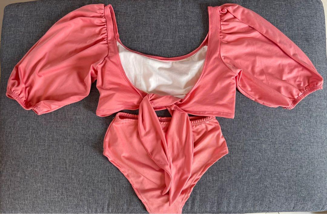 SEXY CONSERVATIVE PUFF SLEEVE PINK BIKINI SET Women S Fashion Swimwear Bikinis Swimsuits On