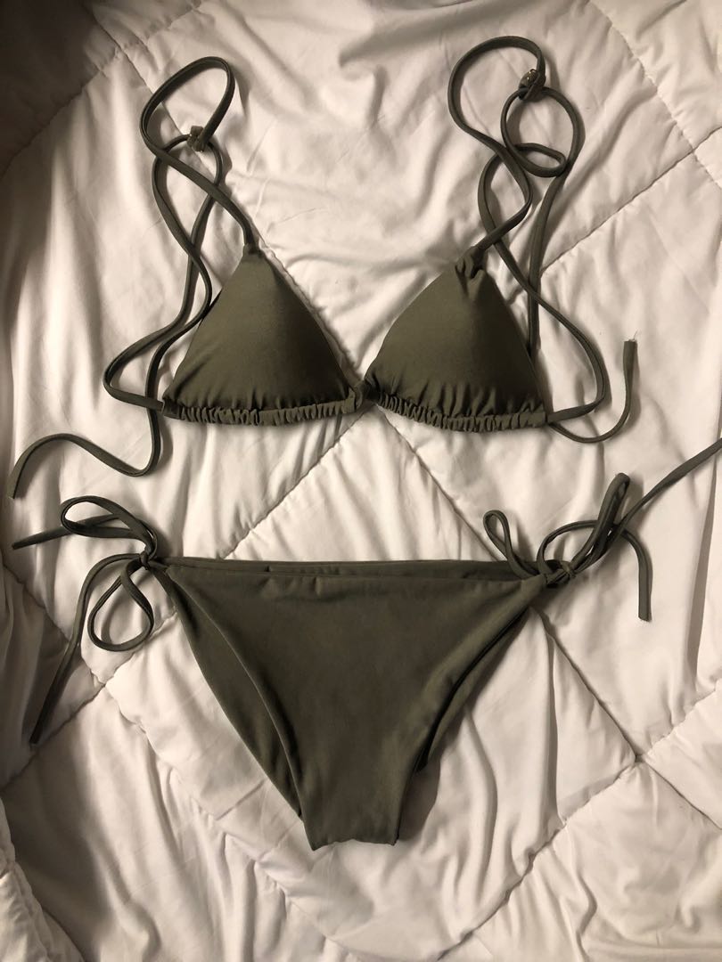 Basic Olive Green String Bikini Set Women S Fashion Swimwear Bikinis Swimsuits On Carousell