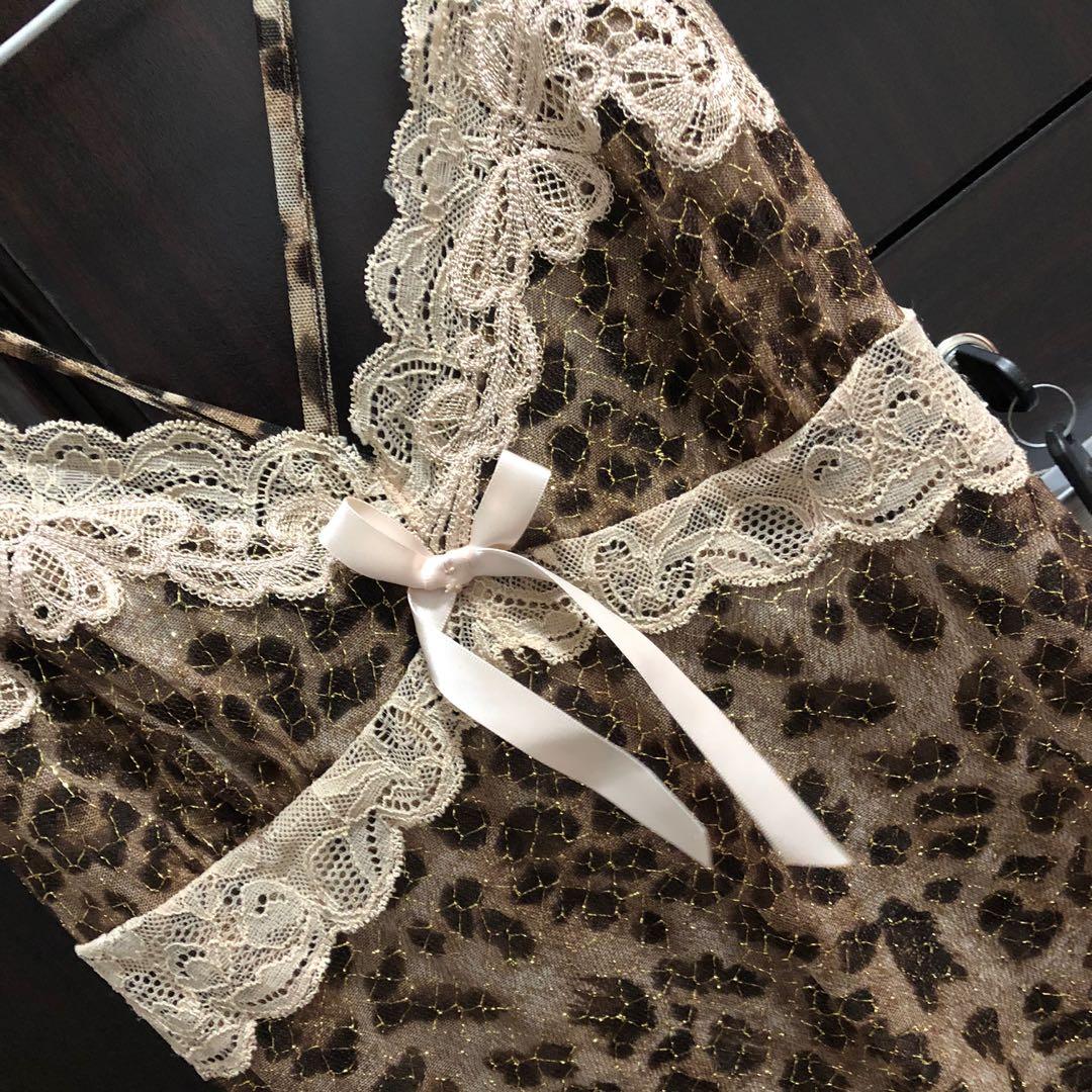 Reserved Eblin Lingerie Dress Lace Leopard Mesh Gold Nightwear