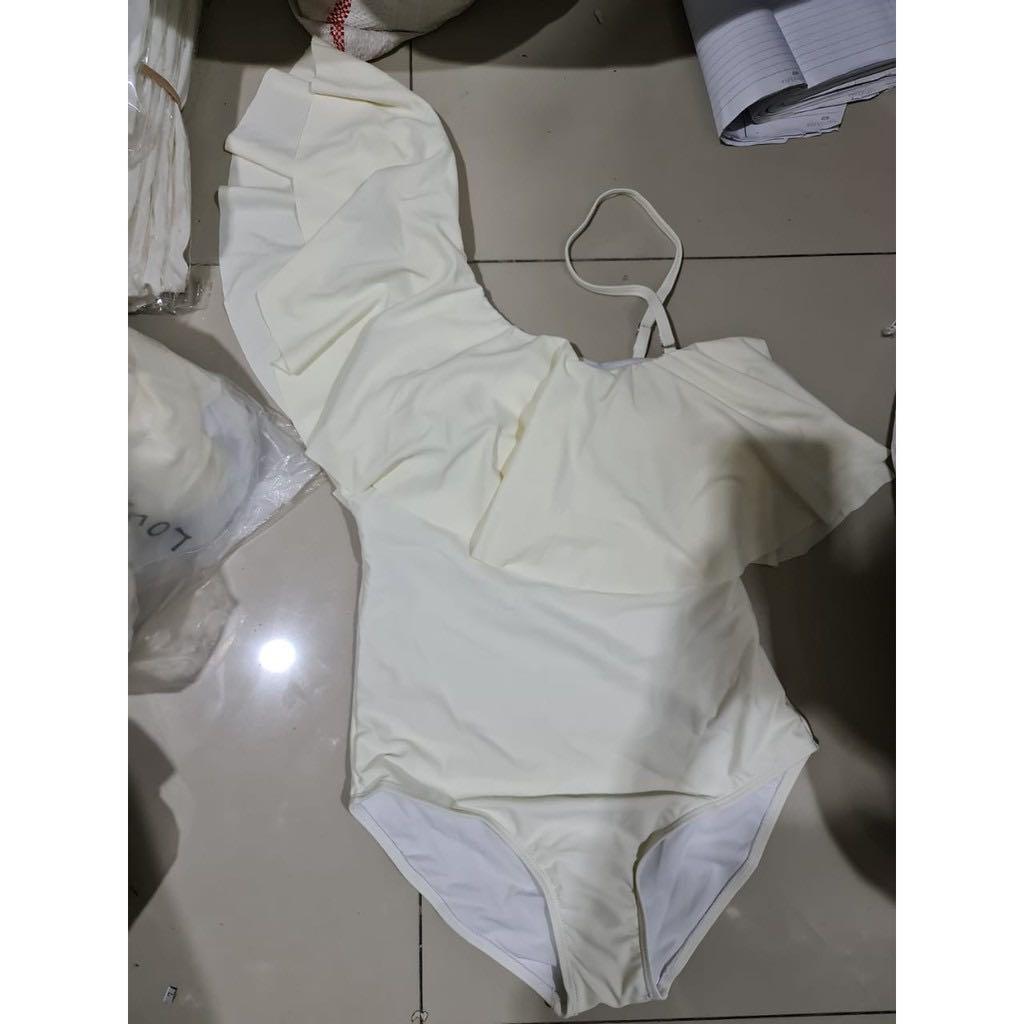 Bikini BEIGE Swimsuit One Piece Ruffle Monokini One Shoulder Baju