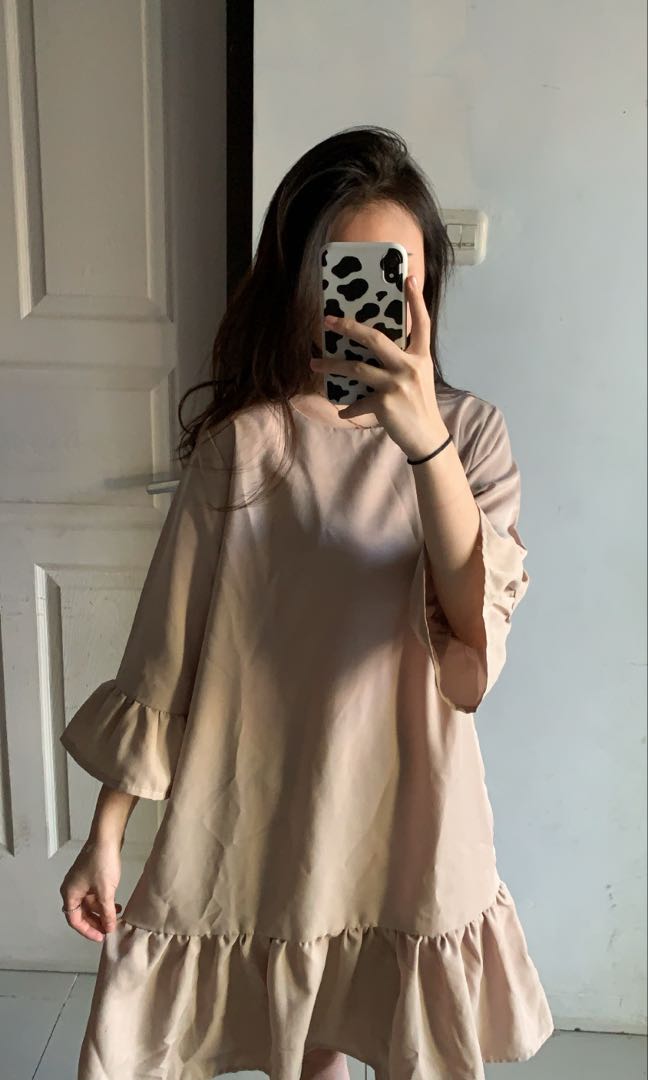 Terusan Dress Beige Nude Fesyen Wanita Pakaian Wanita Gaun Rok Di