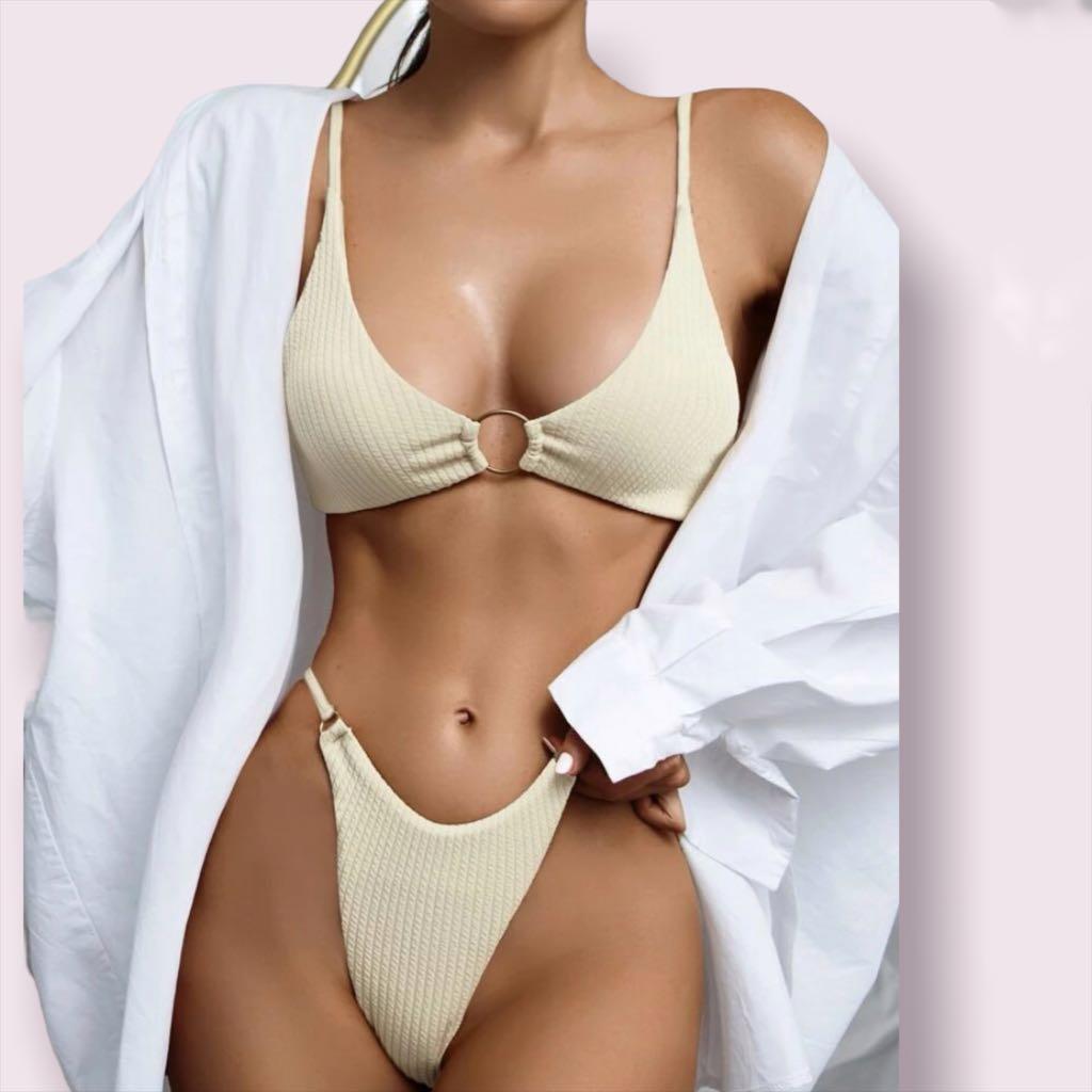 Shein Rib Ring Linked Thong Bikini Swimsuit Women S Fashion Swimwear
