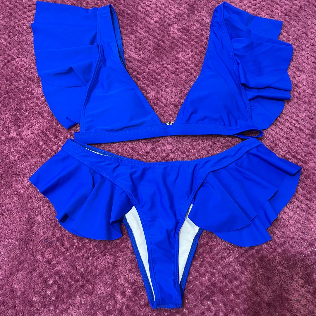 L Shein Royal Blue Ruffles Sleeves Two Piece Bikini Swimsuit Women S