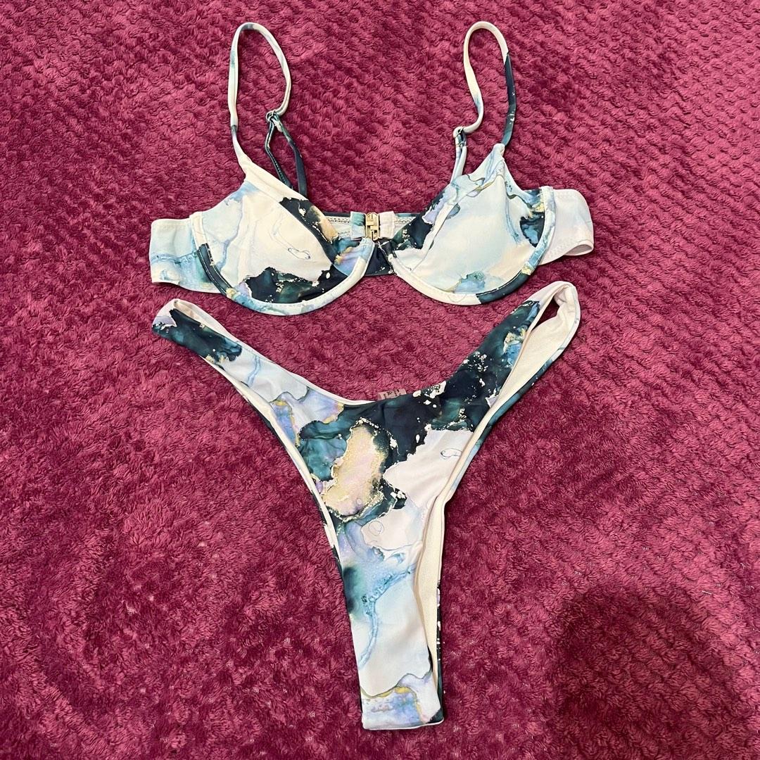 M Shein Blue Marble Underwire Two Piece Bikini Swimsuit Women S