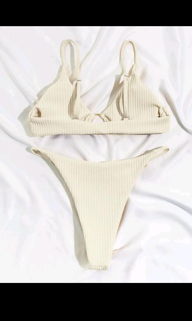 White Bikini Thong Swimsuit Rib Ring Linked Women S Fashion Swimwear