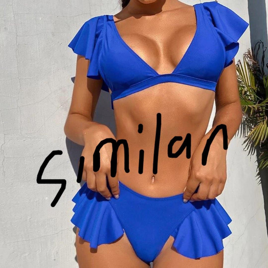 L Shein Royal Blue Ruffles Sleeves Two Piece Bikini Swimsuit Women S