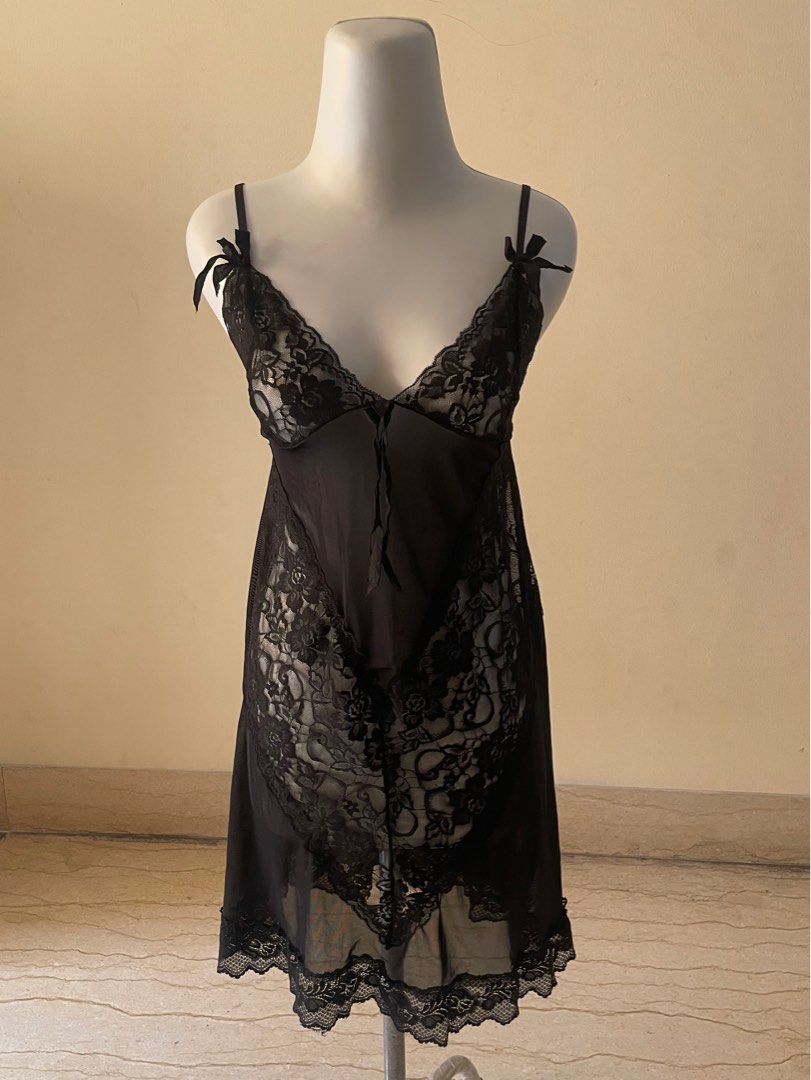 Black Mesh Transparent Night Gown Lingerie Fesyen Wanita Pakaian