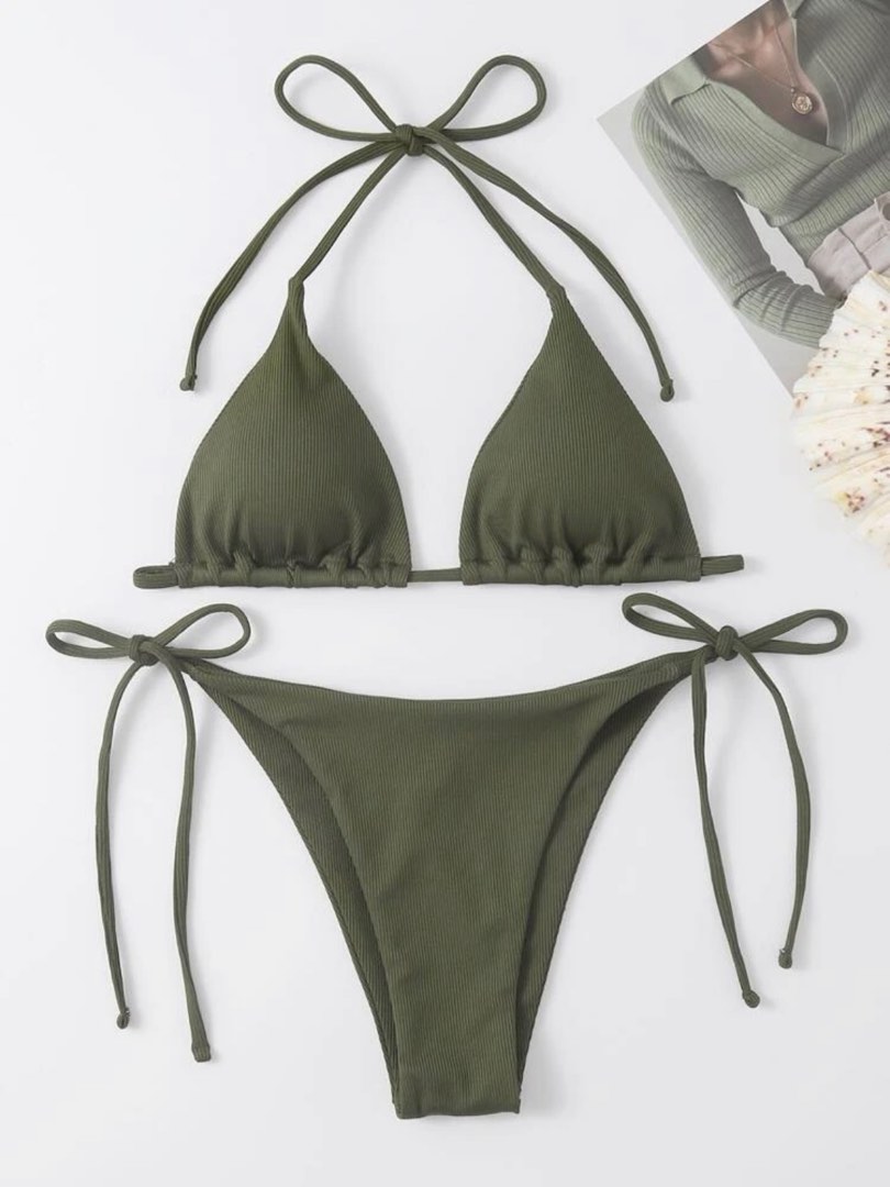 Rib Triangle Tie Bikini Army Green Women S Fashion Swimwear