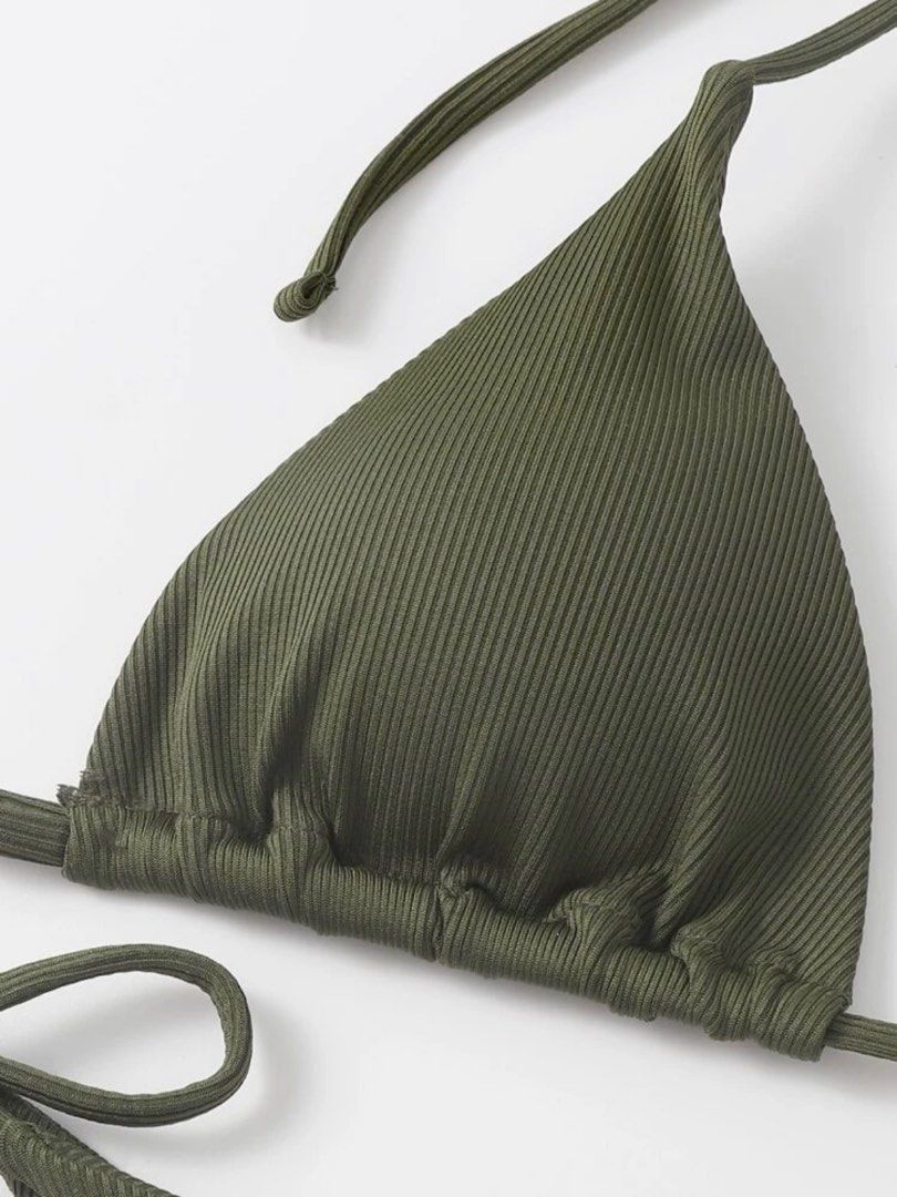 Rib Triangle Tie Bikini Army Green Women S Fashion Swimwear Bikinis Swimsuits On Carousell