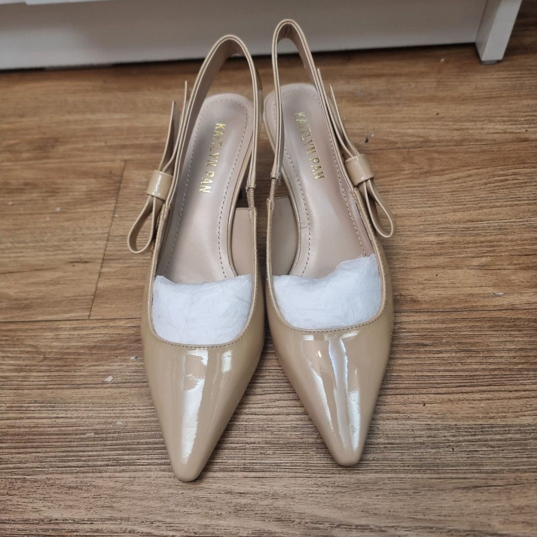 Kaitlyn Pan Patent Leather Nude Heels With Bow Women S Fashion Footwear Heels On Carousell
