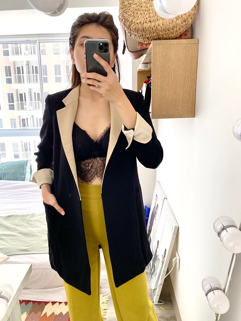 Premium Long Black Blazer Two Tone Premium Hitam Nude Two Tone Long