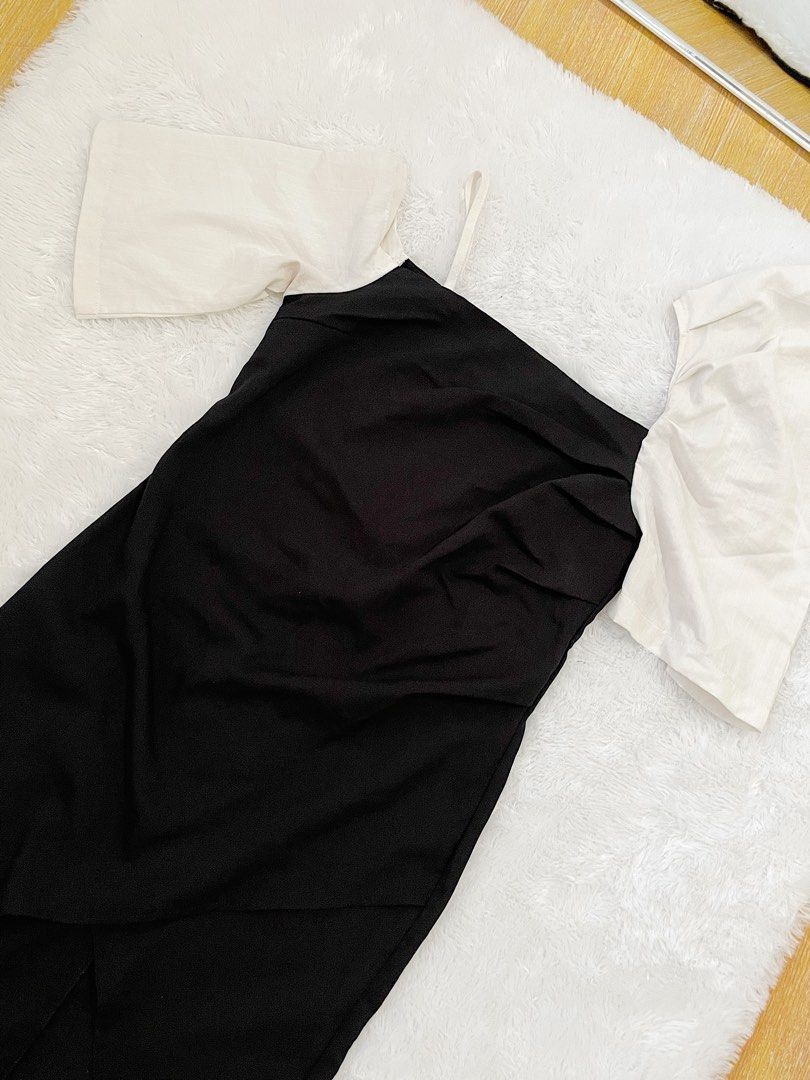 Korean Black Assymetric Party Dress Nude Puff Sleeve Fesyen Wanita