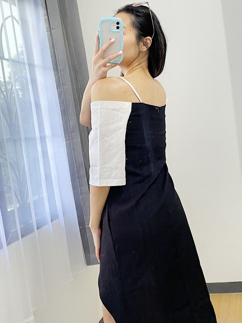 Korean Black Assymetric Party Dress Nude Puff Sleeve Fesyen Wanita