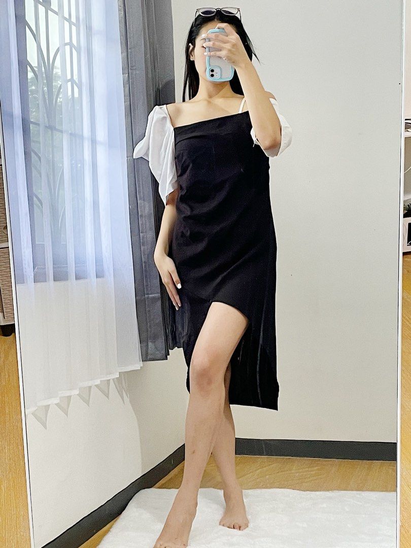 Korean Black Assymetric Party Dress Nude Puff Sleeve Fesyen Wanita