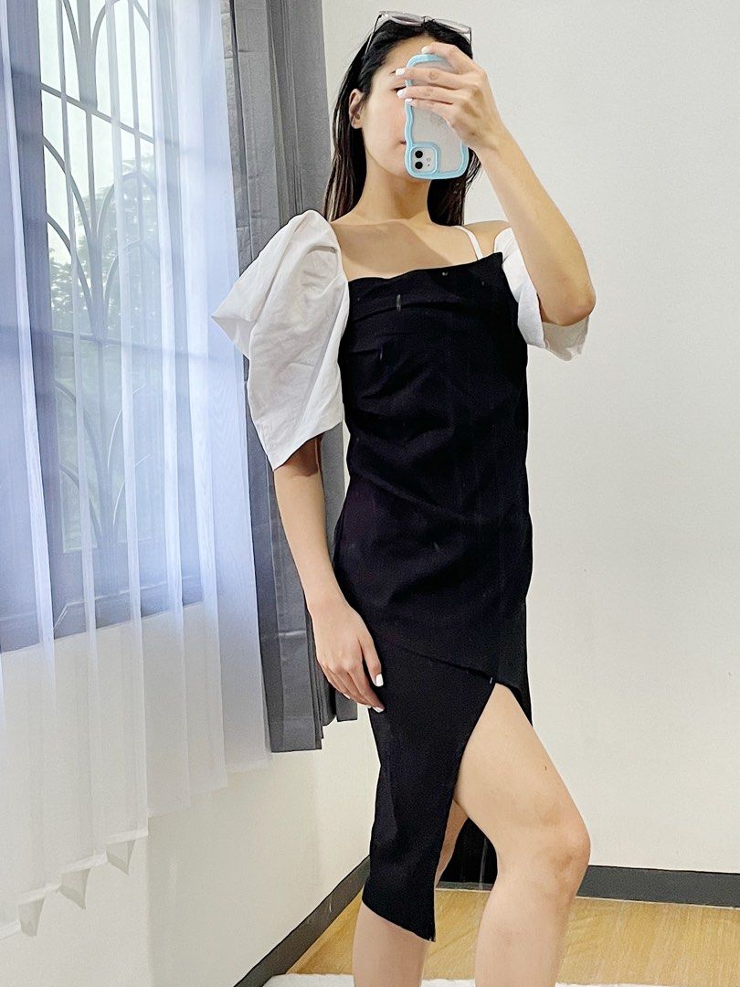 Korean Black Assymetric Party Dress Nude Puff Sleeve Fesyen Wanita