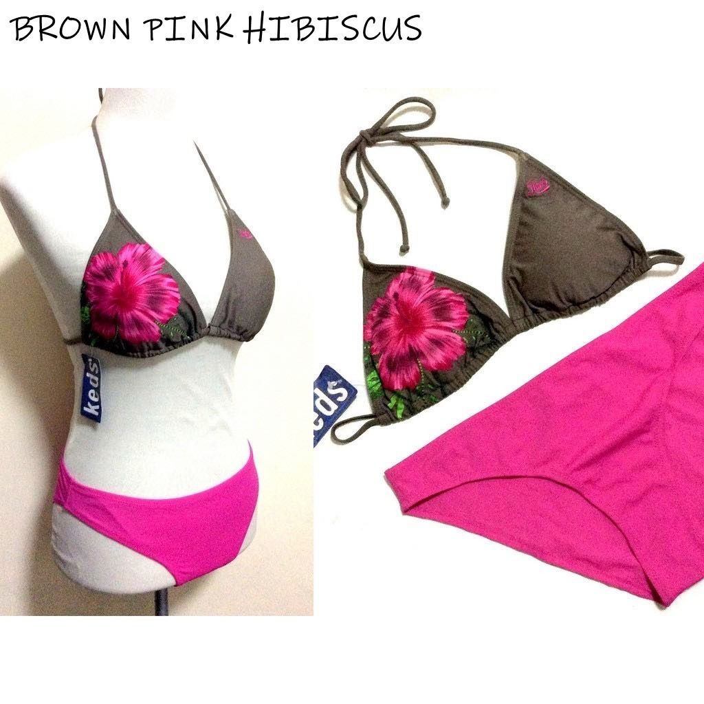 Hibiscus Two Piece Swimsuit Brown Pink Triangle String Bikini Small To Medium Swimwear
