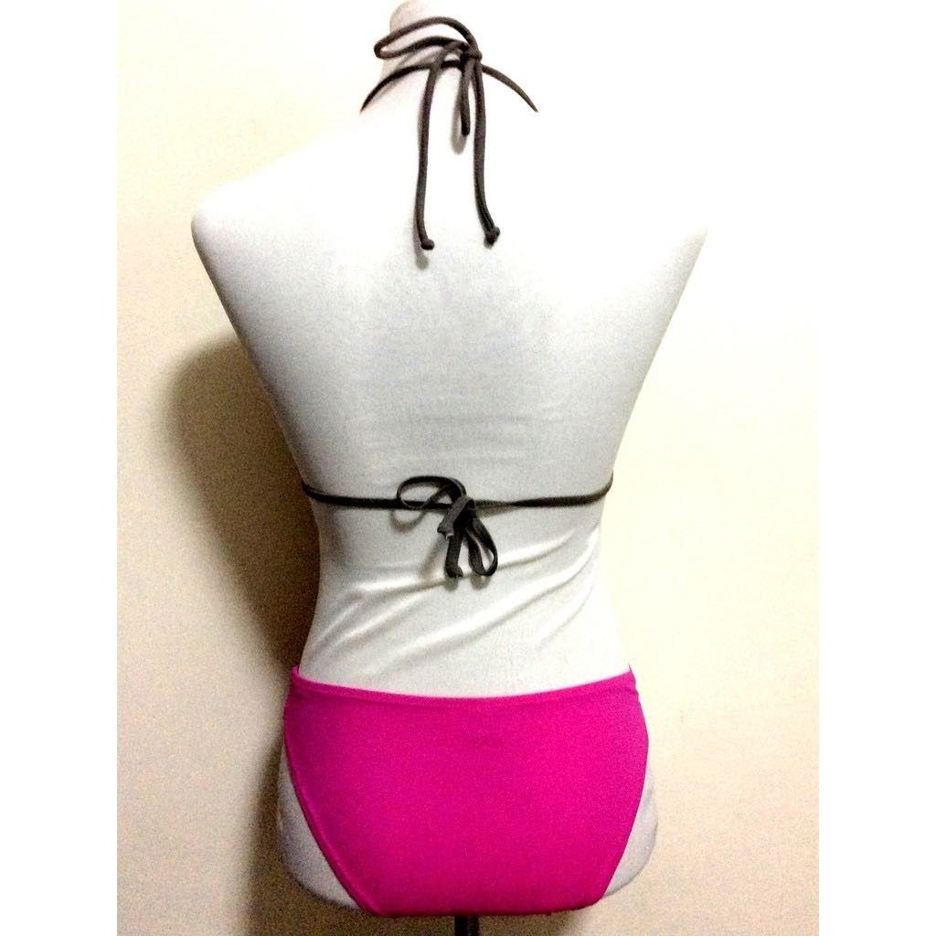 Hibiscus Two Piece Swimsuit Brown Pink Triangle String Bikini Small