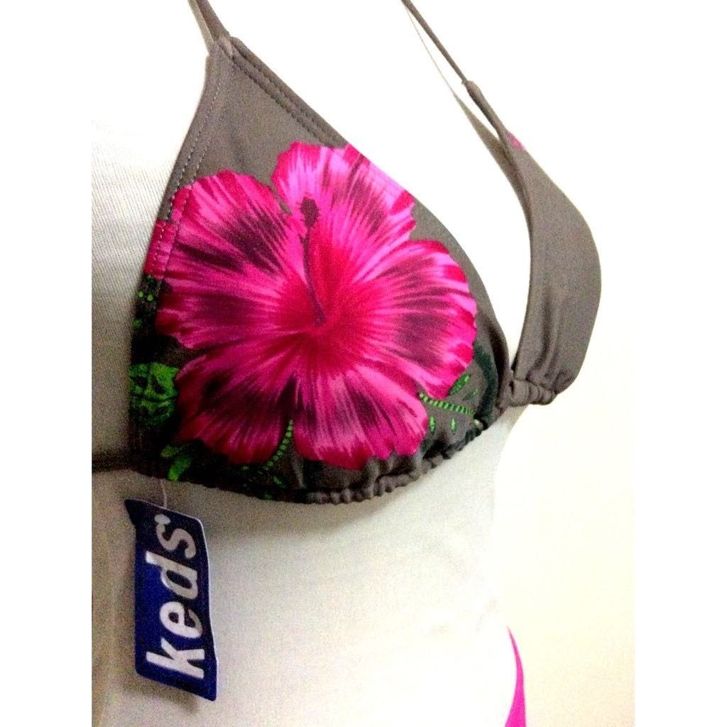 Hibiscus Two Piece Swimsuit Brown Pink Triangle String Bikini Small