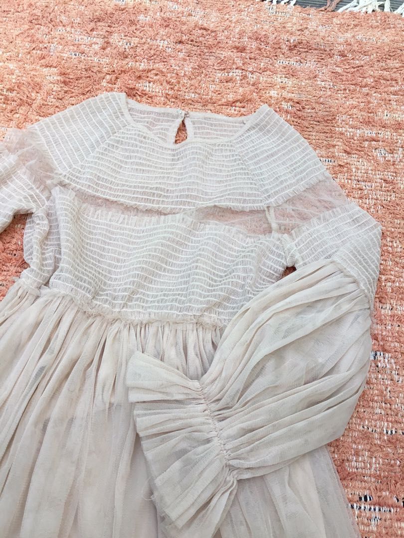 Nude Smocked Bell Sleeve Tulle Midi Dress Nude Smocked Bell Sleeve