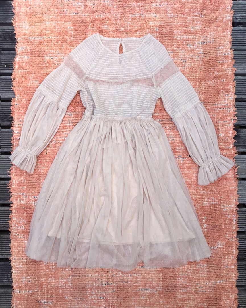 Nude Smocked Bell Sleeve Tulle Midi Dress Nude Smocked Bell Sleeve