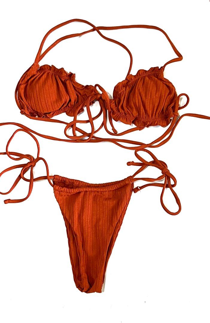 Ruched Lettuce Trim Thong Bikini Women S Fashion Swimwear Bikinis