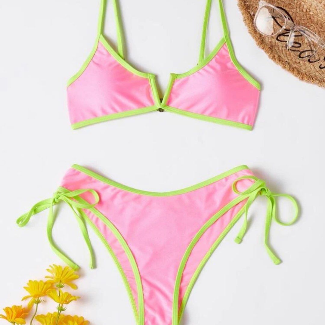 XS SHEIN Neon Pink Green Tie Side Two Piece Bikini Swimsuit Women
